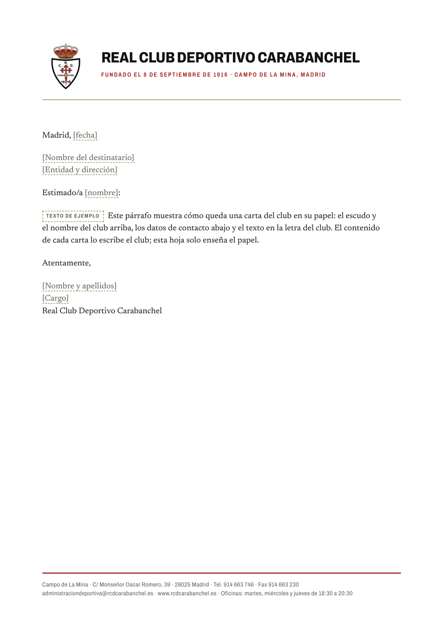 El papel de carta A4: escudo y nombre del club arriba, un párrafo de ejemplo y los datos del club al pie