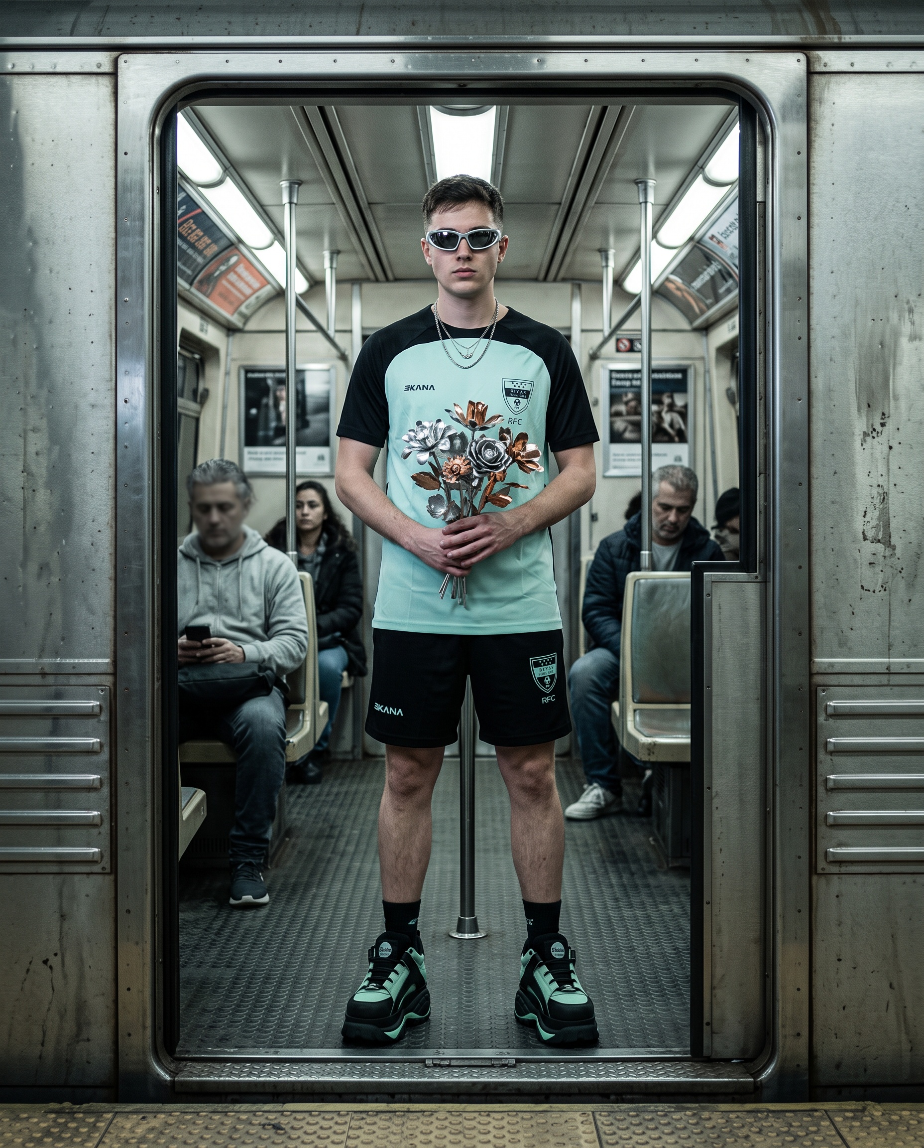 Ejemplo de otro club: un jugador con la camiseta de su club, de pie en la puerta de un vagón de metro