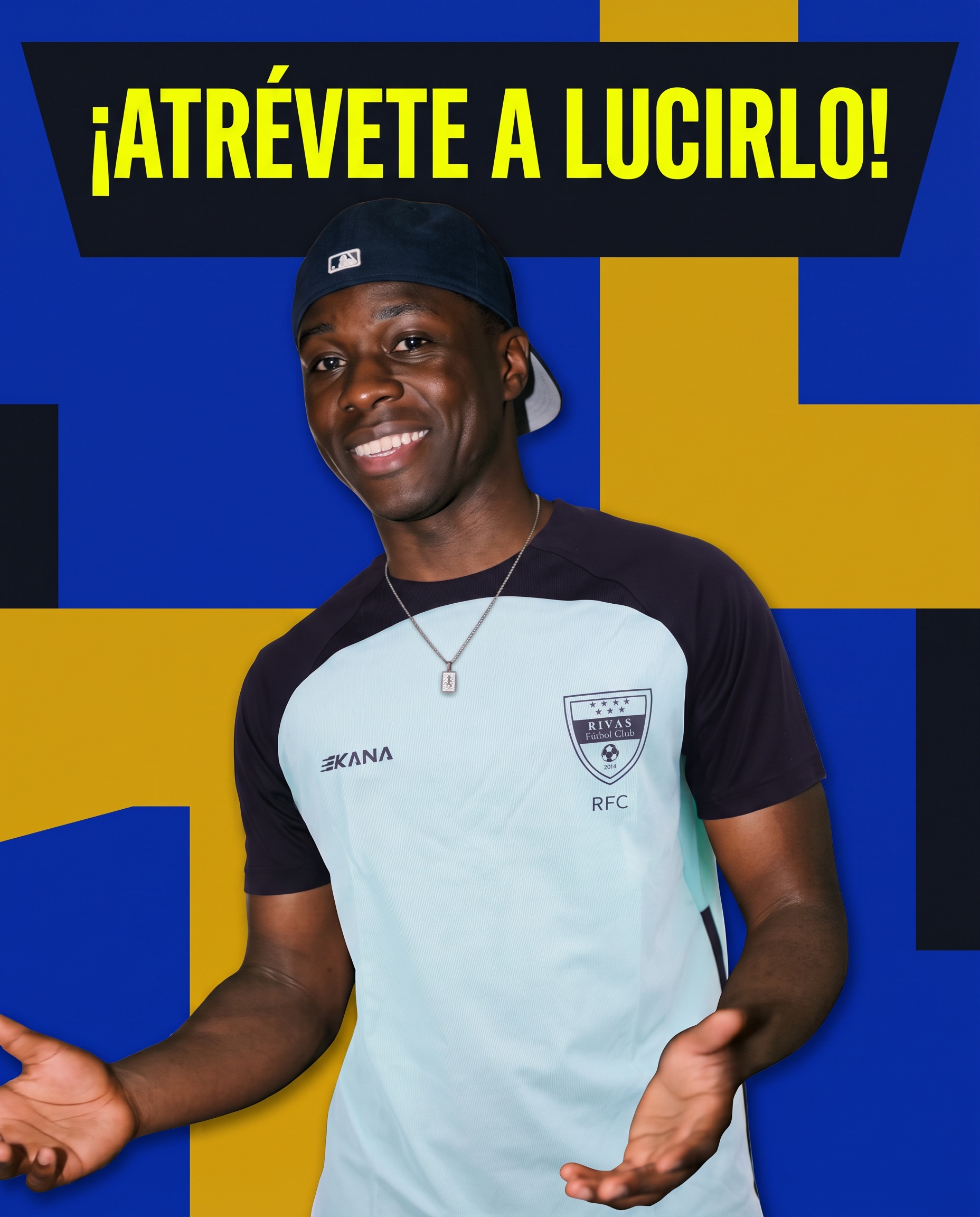 Publicación terminada de ejemplo, hecha para otro club: un jugador con su camiseta y el lema Atrévete a lucirlo