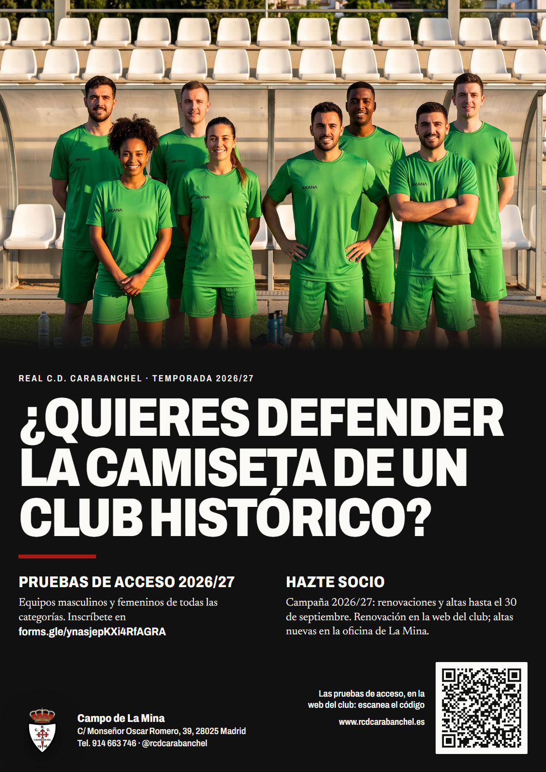 El cartel A3: la foto de equipo a sangre arriba, la pregunta del club en grande sobre el negro, las dos vías de entrada, el escudo, los canales y el código QR