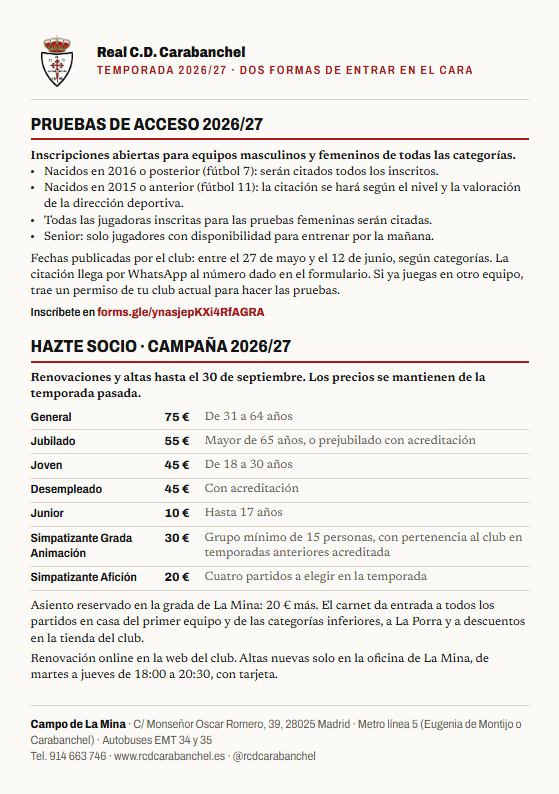 El folleto A5, dorso: las pruebas de acceso por categorías, la tabla de socios con sus condiciones, los horarios de oficina y cómo llegar