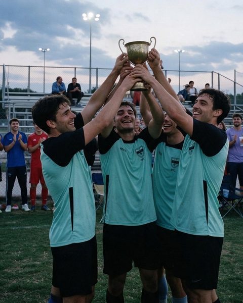 Cuatro jugadores levantan una copa con los brazos en alto en un campo de fútbol al anochecer, con los focos encendidos y el público aplaudiendo en la grada