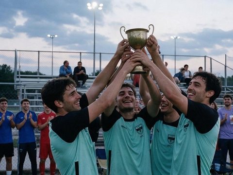 Cuatro jugadores levantan una copa con los brazos en alto en un campo de fútbol al anochecer, con los focos encendidos y el público aplaudiendo en la grada